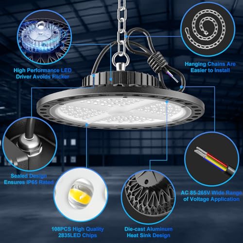 ANNIFUNLY 100W UFO LED High Bay Lamp, 2 Packs 10000LM LED Floodlights Industrial Ship 6500K Cool White, IP65 Waterproof High Bay Lights for Ceiling Workshop, Garage, Factory, Warehouses, Stadium