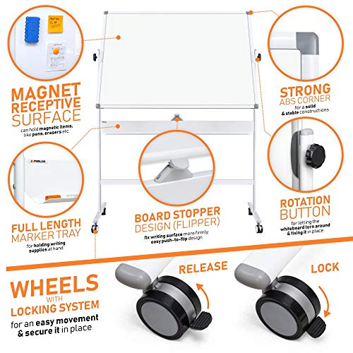 Mobile Whiteboard - Large Adjustable Height 360° Reversible Double Sided Dry Erase Board - Magnetic White Board on Wheels - Portable Rolling Easel with Stand, Flip Chart Holders, Paper Pad | 70x36