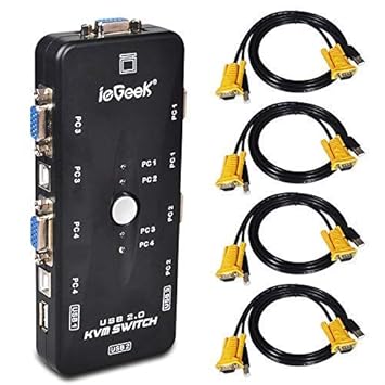 ieGeek KVM Umschalter 4 Port USB KVM Switch Box mit 4 VGA Kabel für PCs Maus Drucker und Tastatur - Schwarz