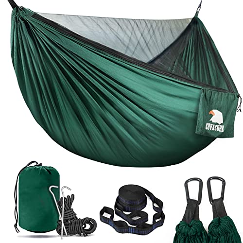COVACURE Camping Hammock - Ultralight 70-Denier Durable & Breathable Nylon Travel Hammocks with Two 10FT Tree Straps for Outdoor Camping Accessories (dark green)