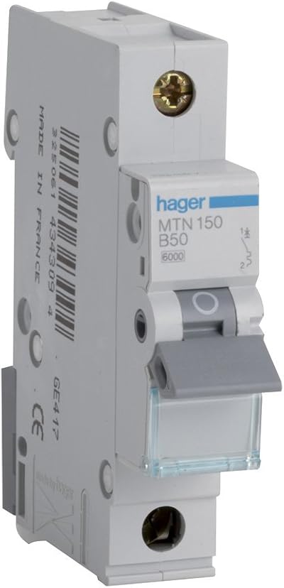 Hager MTN150 Miniature Circuit Breaker 1 Pole 1 Module Type B 50A 6kA