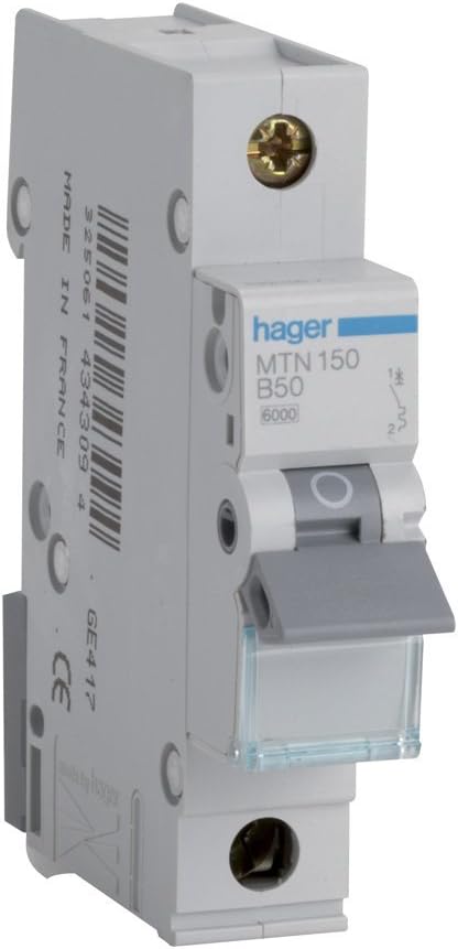 Hager MTN150 Miniature Circuit Breaker 1 Pole 1 Module Type B 50A 6kA