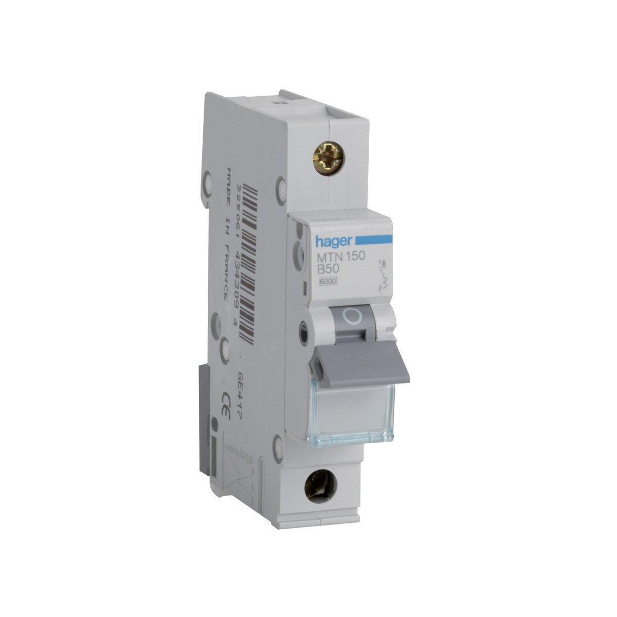 Hager MTN150 Miniature Circuit Breaker, 1 Pole, 1 Module, Type B, 6 kA Breaking Capacity, 50 A Current