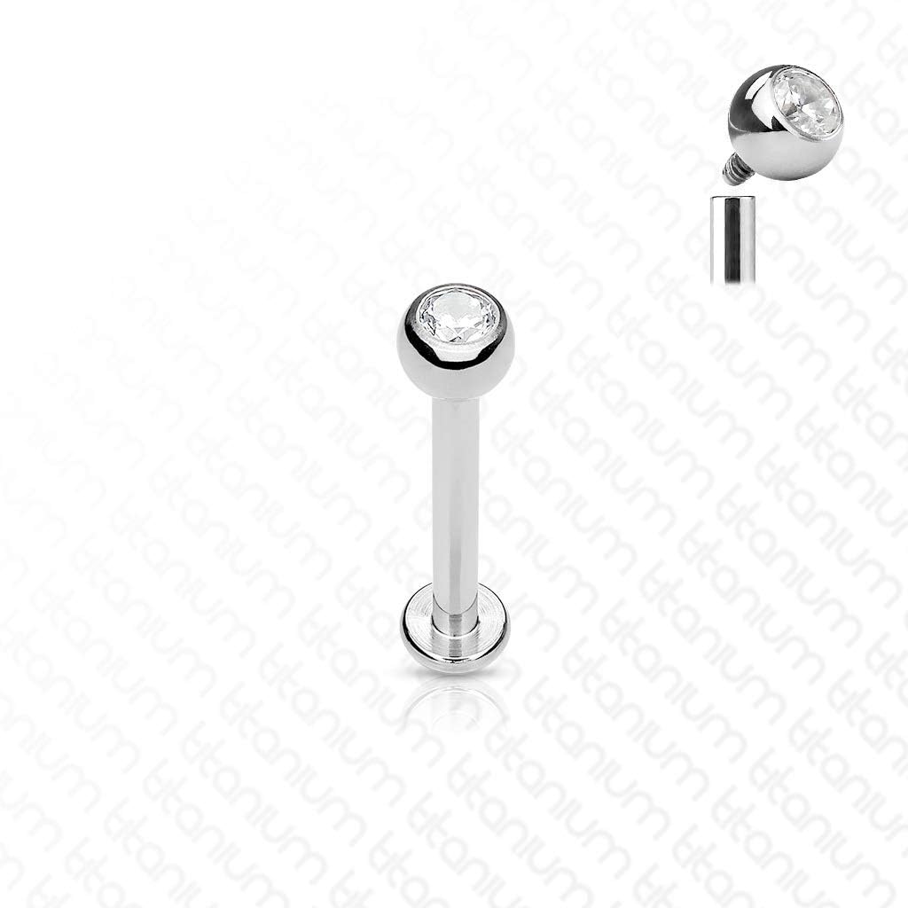 PiercedOff Titanium Labret with Internally Threaded Clear CZ Gem Ball - Thickness 16GA (1.2mm) / Length 12mm / Ball Size 3mm - Image 3