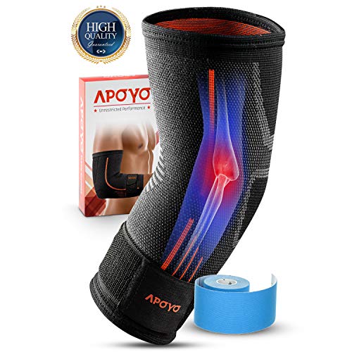 APOYO Elbow Brace Compression Support Sleeve for Tendonitis, Tennis Elbow, Golf Elbow, Weightlifting, More, with Adjustable Strap & Bonus Elastic Therapeutic Tape, Great for Workouts & Sports-Small