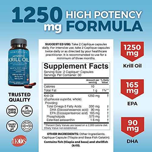 Antarctic Krill Oil Omega 3 Fatty Acid Supplements 1250 mg, High Omega