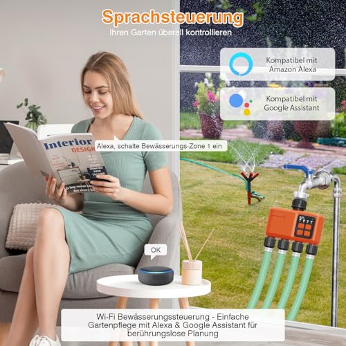 XinFuture Irrigation Computer WLAN 4 Outputs with 300 m RF, Strong Wall Penetration, Automatic Smart Watering Clock with APP/Voice Control, Irrigation System Rain Delay for Garden