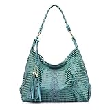Genuine Leather Women Hobos Crocodile Pattern Shoulder Handbag with Tassel by Realer Blue