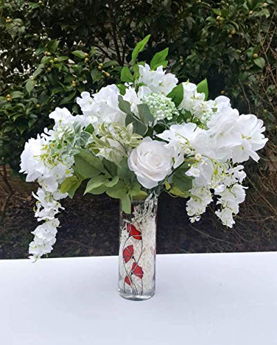 Red Poppy Flower Hand Painted Stained Glass Cylinder Vase, Candle Holder, Floral Decor