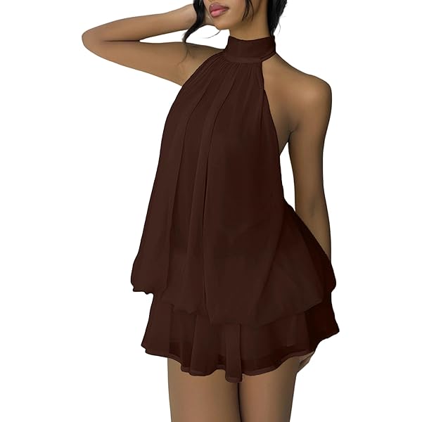 Amazon.com: Verdusa Women's Chiffon Halter Drop Waist Wedding Guest Dresses  Ruffle Summer Loose Fit Mini Dress Brunch Outfits Black X-Small : Clothing,  Shoes & Jewelry
