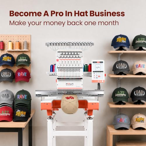 POOLIN Multi Needles Commercial Embroidery Machine with Auto Color Change, 13.8x19.7 Inch Embroidery Area, WiFi Transfer, Includes All Accessories for Hats, T-Shirts & Hoodies