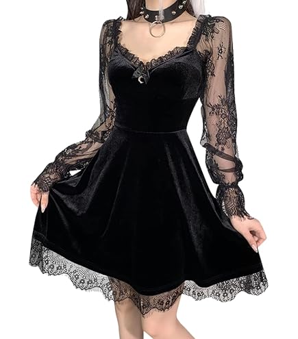 punk formal dresses Velvet Gothic for Women Ladies Lolita Dresses Sexy Costumes Vintage Harajuku Goth Long Sleeve Lace Retro Grunge Steampunk Club Party Masquerade Mini Dress Black Small : Clothing, Shoes & x mas sale Fabric 1 Cali Off Shoulder Sheer Color:Wine&white Stripe