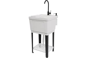 Utility Sink Extra-Deep Laundry Tub in White with Coil Pull-Down Sprayer Faucet,Heavy Duty Floor Mounted Freestanding Wash St