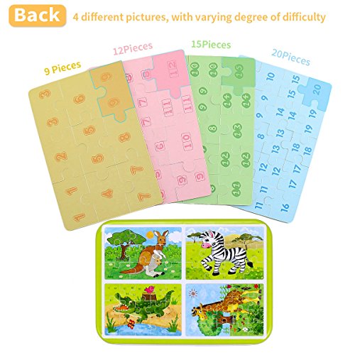 Wooden Jigsaw Puzzles Toys, Free Iron Box for Easy Storage,Pack of 4 with Varying Degree of Difficulty Tool Best for Toddlers 3-5 Years Boys & Girls to Develop Dexterity and Problem Solving
