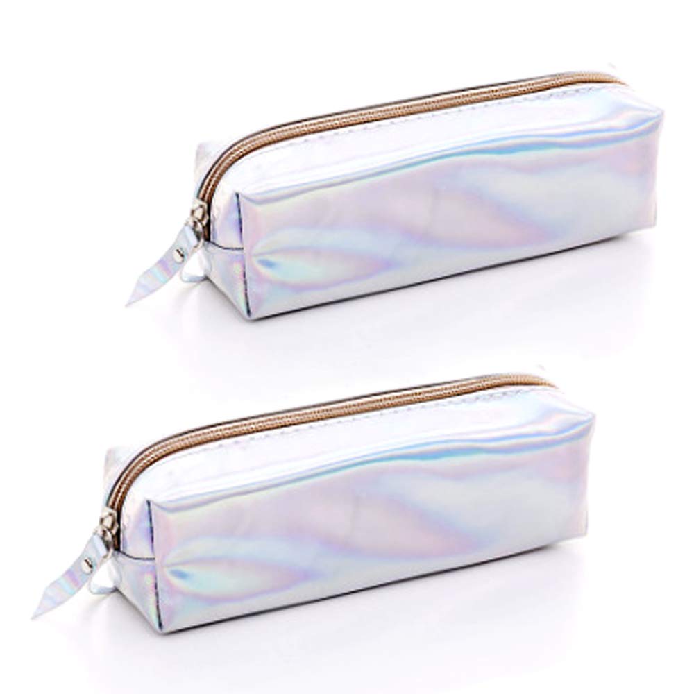 Simple Stationery Box Pencil Case Large Capacity PU Cute Students Girls Multifunction Travel Cosmetic Bag Make Up Bag Brush Bag School Pencil Bag 2 Pieces Silver