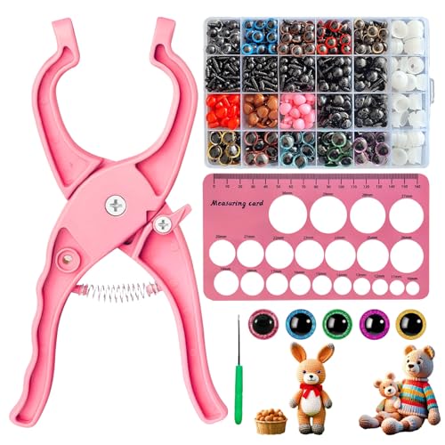 Safety Eye Tool Kit for Amigurumi & Crochet-1150PCS 3D Glitter Safety Eyes,5-30mm Stuffed Animals Safety Eyes Doll Making Supplies,Safety Eye 10-30mm Sizer Tool,Ergonomic Design for Crafting (Pink)