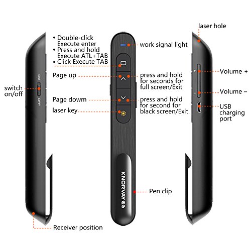 [360mAH Rechargeable Presenter ] KNORVAY N76 Wireless Presenter Rechargeable Hyperlink Volume Control USB Presentation Powerpoint Clicker Remote Control Slide Advancer 2.4GHz (B-Black) - Thumbnail 2