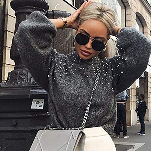 Inverlee Women Winter Gray O Neck Long Sleeve Pearl Knitted Sweater Blouse Pullovers - Thumbnail 3