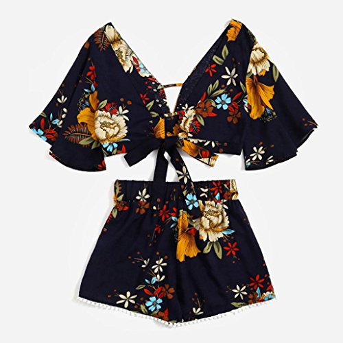 Leedford Women's 2 Pcs Floral Print V Neck Bohemian Crop Tops+Shorts Set Two Piece Outfit Suit (L, Black)