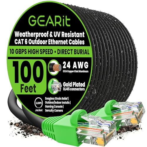 GEARit RJ45 Cat-6 Ethernet-Patchkabel, 10 Gpbs Übertragungsgeschwindigkeit, vergoldete Stecker, Kupferummantelt, Outdoor, UV-beständig, direkte Erdung