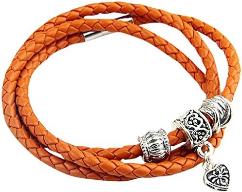 Special Jewelry, Women's Classic Silver Plated Beads Genuine Leather Braided Bracelet BR09, Orange