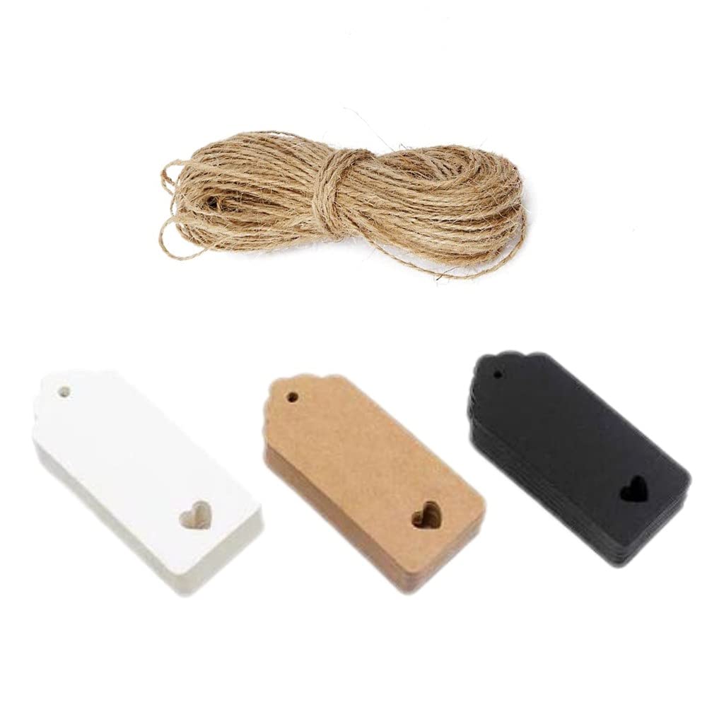 CHSYOO ​​300 Kraft Paper Tags, Brown, White and Black Gift Tags, 4X9CM Rounded Love Heart Hollow Kraft Paper Cards and 10M Natural Jute Rope for Wedding, Christmas, Party DIY Decoration