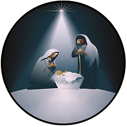Printing Round Rug,Religious,Xmas Theme Important Birth Scene with Family Mother Father and the Baby Mat Non-Slip Soft Entrance Mat Door Floor Rug Area Rug For Chair Living Room,Black White Grey