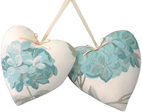Pair Padded Hanging Hearts Laura Ashley Hydrangea Duck Egg linen blend fabric