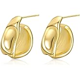 Fxiqini Chunky Stud Earrings 14K Gold Plated Geometric Rectangle Wave Hammered Earrings Irregular Statement Earrings for Women Jewelry Gifts
