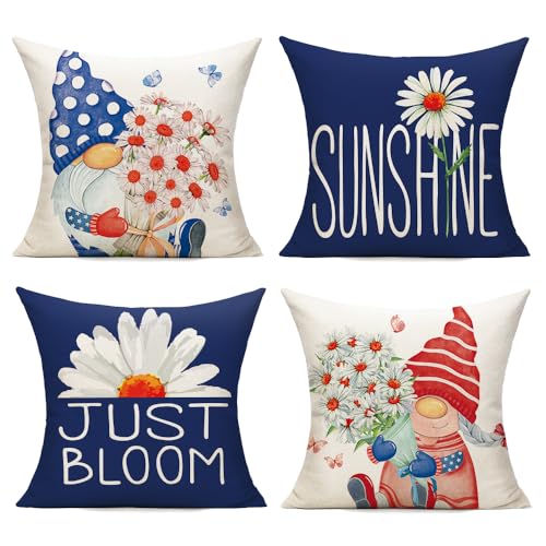 All Smiles Independence Day Throw Pillow Covers 20x20 Set of 4 Memorial Day 4th of July American Gnome Home Decor for Patio Couch Chair Sofa Decorations