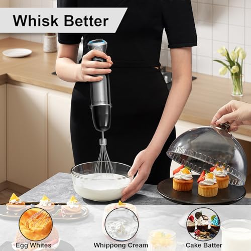 Kolohoso 1500W Hand Blender, 4 in 1 Professional Multifunctional Mixer with 20 Speeds and Turbo, 304 Stainless Steel, Whisk, Chopper 500 ml and Measuring Cup 600 ml, for Smoothie Soups Sauces, BPA Free