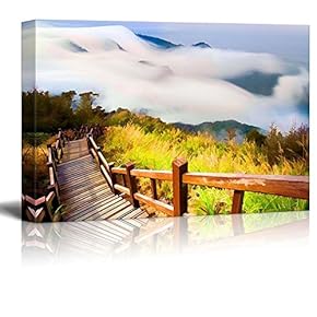Painting of a Bridge Leading Down a Foggy Mountain - Canvas Art Home Art - 12x18 inches