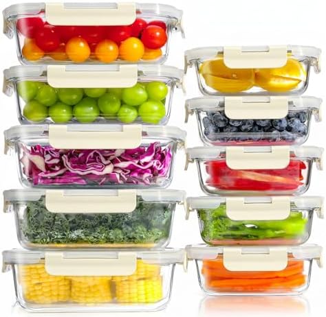 10 Piezas Recipientes de Vidrio con Tapas Herméticas, Reutilizables, Apto para Microondas, Horno, Congelador y Lavavajillas, Sin BPA, Fiambrera Cristal, Blanco