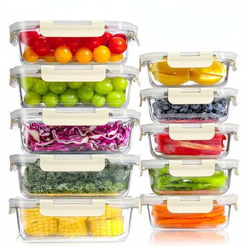 10 Piezas Recipientes de Vidrio con Tapas Herméticas, Reutilizables, Apto para Microondas, Horno, Congelador y Lavavajillas, Sin BPA, Fiambrera Cristal, Blanco