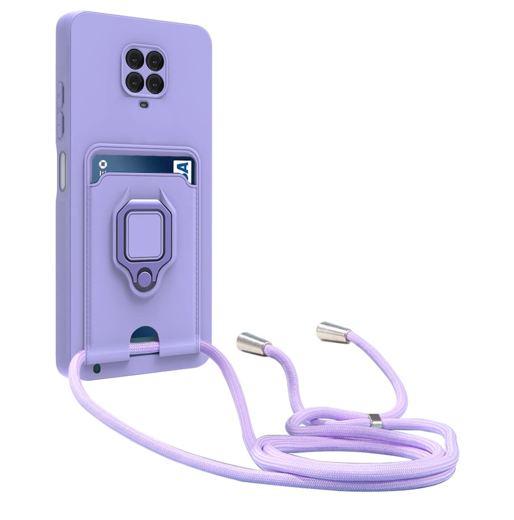 yanasuo Camera Protection Lanyard Phone Case for Xiaomi Redmi Note 9S/Note 9 Pro/Note 9 Pro Max, Card Holder, Slide Camera Cover, Silicone Cord Strap rope Shell TPU Shockproof Bumper Cover-Purple — image 1