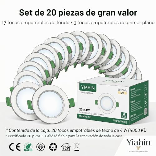 Yiahin Kit 20 LED Recessed Ceiling Spotlights 4W Neutral White 4000K, Pack of 20 Extra Flat Low Consumption LED Downlights (339lm), for Kitchen Bathroom Hallway, Non Dimmerabile