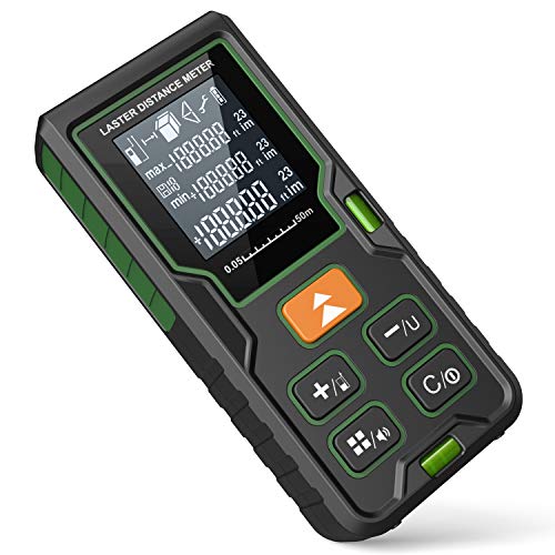 Laser Measure, EURPMASK Laser Measure 164Ft M/In/Ft Mute Laser Distance Meter with 2 Bubble Levels, Backlit LCD and Pythagorean, Measure Distance, Area and Volume - Carry Bag and Battery Included