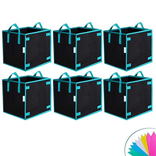 OPULENT SYSTEMS 6 Pack 5 Gallon Heavy Duty Square Grow Bags Thickened Nonwoven Fabric Pots with Handles and Stick Holders for Poles (Black)
