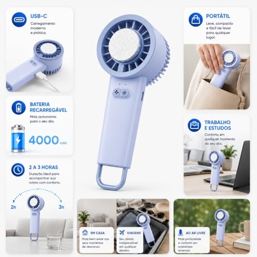 Ventilador Portátil Recarregável Peltier USB-C Sem Fio 10W Silencioso Mini Ventilador de Mão e Mesa Bateria 3.7V Ideal para Viagem Escritório e Uso Pessoal (Azul)