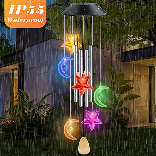PUISUIT Solar Wind Chimes for Outside, LED Changing Color Memorial Wind Bell for Garden, Patio, Yard, Party Decoration, Waterproof, 25 Inch Low Tone(Moon and Star)