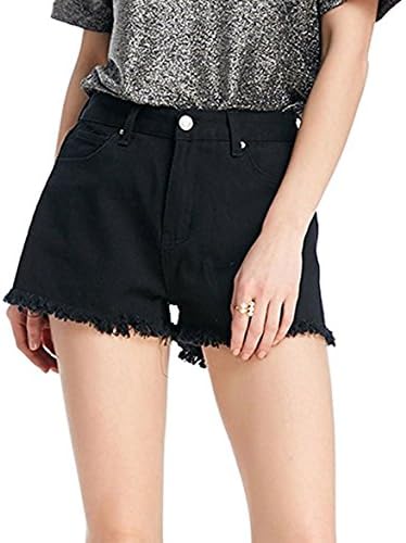 AUTAS Women's Stretch Butt Lift Stitching Denim Tassel Shorts(Normal;Plus Size) (Black, S)