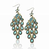Long Retro Copper Sky Blue Peacock Crystal Gem Hook Eardrop Dangle Earrings