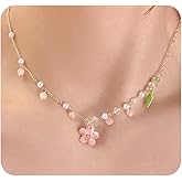 Cherry Blossom Necklace,Small Peach Flower Pendant Pearl Necklaces,Dainty Floral Tassel Necklace for Women