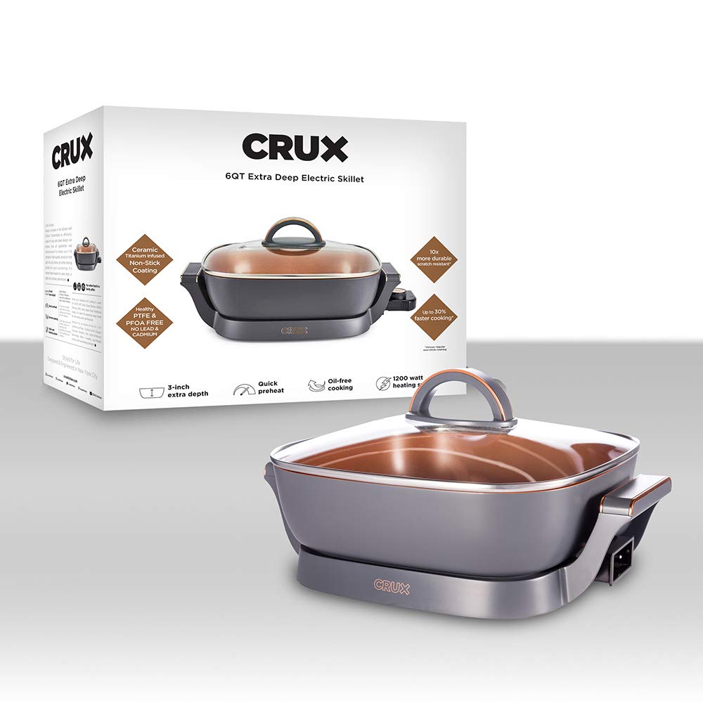 Crux Extra Deep Nonstick Scratch Resistant Electric Skillet with Removeable Temperature Probe, 12