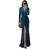 Weinaze Velvet Formal Dresses for Women with Sleeves Pleats V Neck Maxi Wedding Guest Dress with Slit L01036