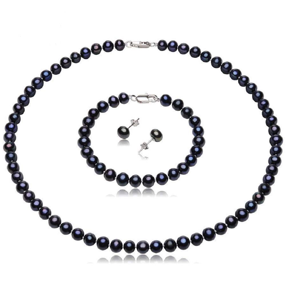 Treasure Bay Elegant and Clasic 7mm Freshwater Pearl Jewellery Set for Women, Girls With Sterling Silver Clasp (Black)