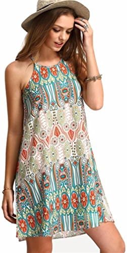 NOMENI Women Retro National Wind Loose Round Neck Sling Sleeveless Dress (L)