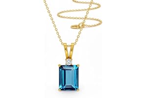 Blue Topaz Solitaire Pendant with CZ Stone 14K Gold Plated Baguette Gemstone Necklace for Her Birthstone Necklace Elegant Jew