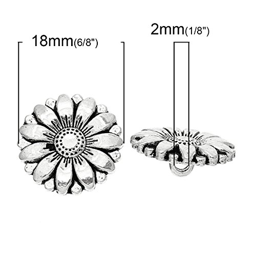 PEPPERLONELY Brand 10PC Antiqued Silver Flower Scrapbooking Metal Sewing Buttons with Shank 18mm (6/8 Inch)