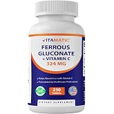 Vitamatic Ferrous Gluconate 324 mg + Vitamin C 100 mg - No Artificial Color Additives - Gentle on Stomach - 250 Tablets - Made in USA